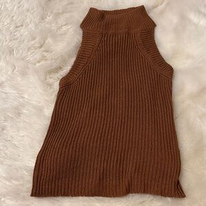 Brown Ribbed Knit Sleeveless Turtleneck